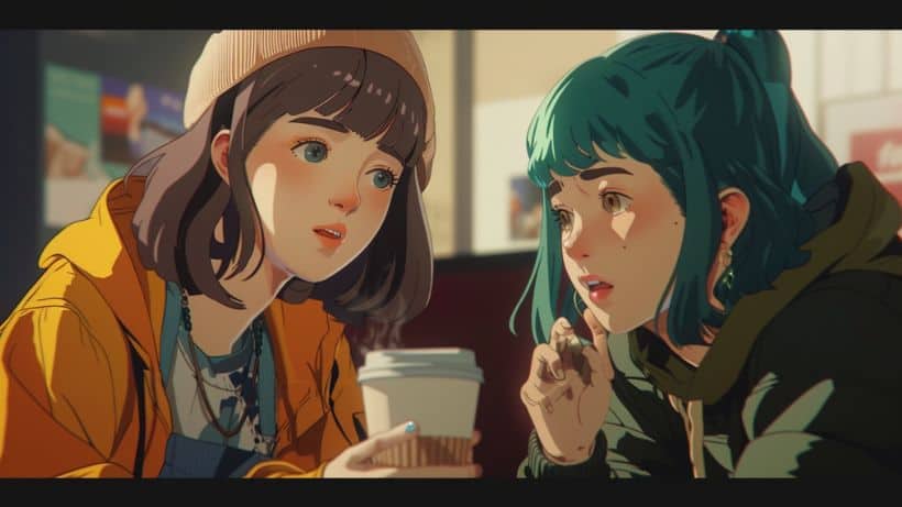 a still from an anime showing two characters having a conversation over coffee