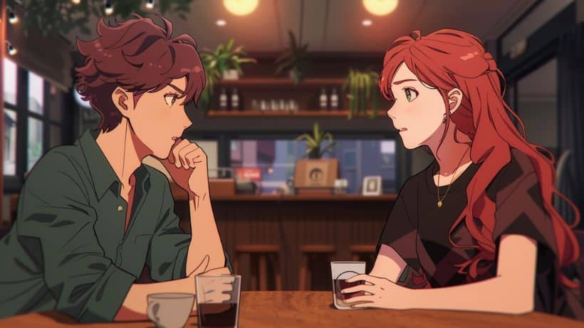 a still from an anime showing two characters having a conversation over coffee