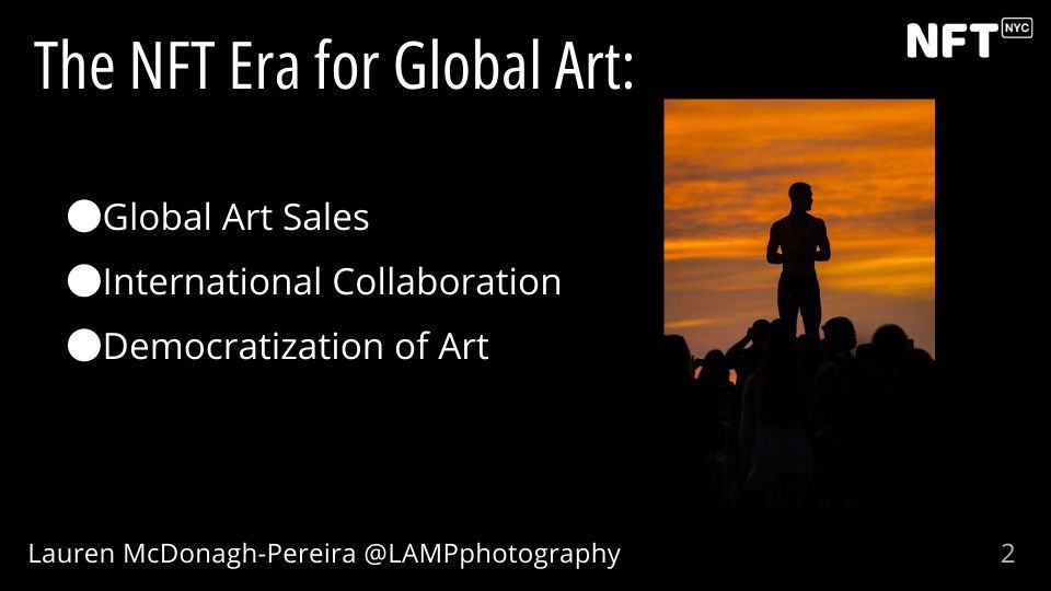 A slide with an image of a man in stark silhouette. Text reads "The NFT Era for Global Art: Global Art Sales International Collaboration Democratization of Art"