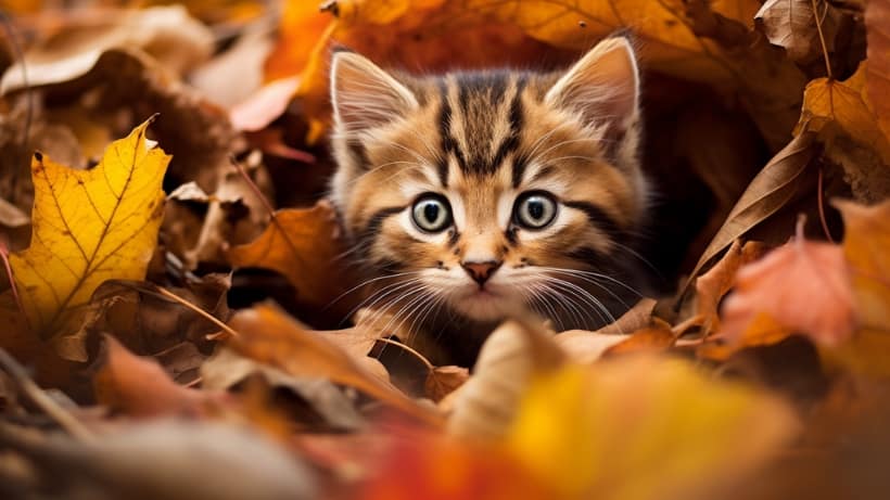 A small kitten peeking out from a pile of autumn leaves