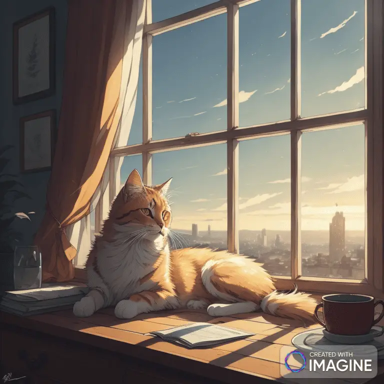 An AI image created with Imagine AI using the prompt, "A Cat Lounging in the Sun on the Windowsill" with Art Style set to Anime.