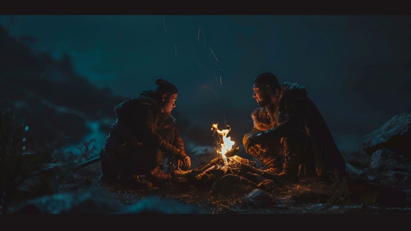 two Dungeons and Dragons characters having a conversation around a campfire at night