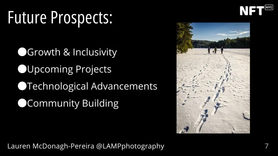 A slide showing people walking away in the snow. Text reads "Future Prospects: Growth & Inclusivity Upcoming Projects Technological Advancements Community Building "