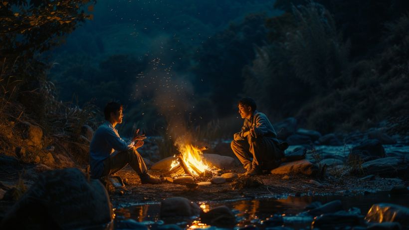 two Dungeons and Dragons characters having a conversation around a campfire at night