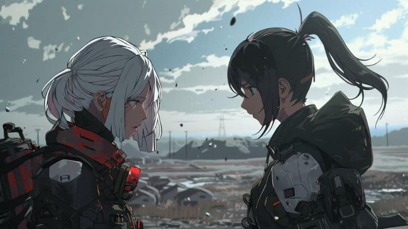 two anime characters having a dramatic conversation on a battlefield