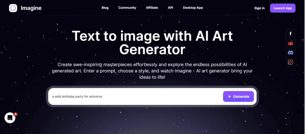 A screenshot of the Imagine AI Art Generator Homepage in Febraury 2024