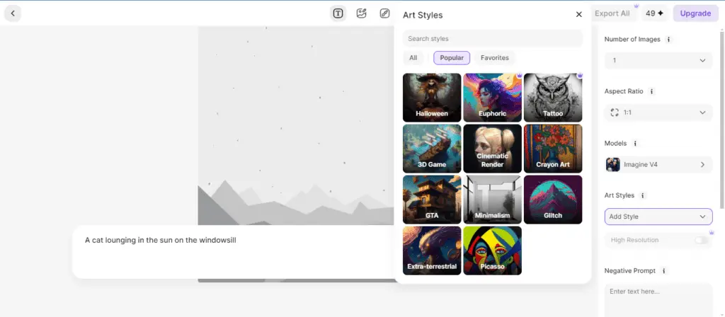 A screenshot of the art styles menu on Imagine Art