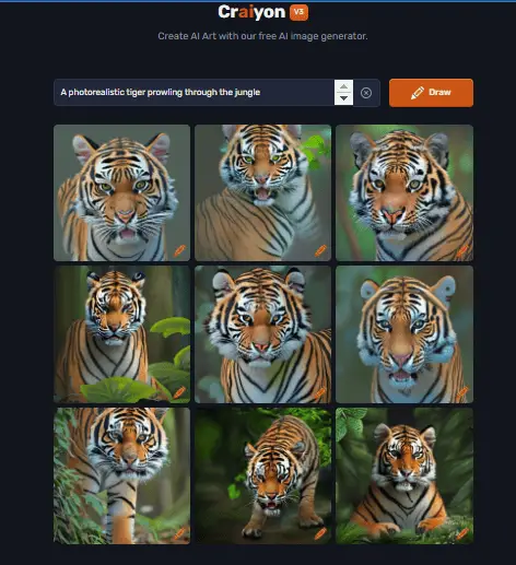 A screenshot showing the nine image grid created by entering a prompt into the Craiyon AI image generator.