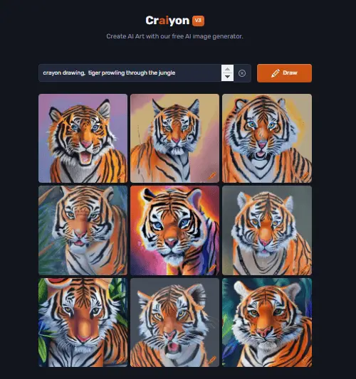 A screenshot showing the Craiyon output with the prompt "crayon drawing, tiger prowling through the jungle"