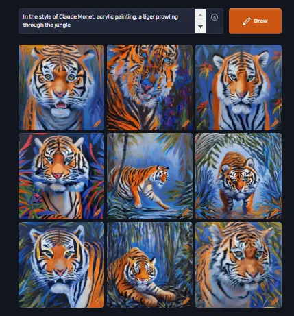 Craiyon 9-image grid of Craiyon Prompt: "In the style of Claude Monet, acrylic painting, a tiger prowling through the jungle."