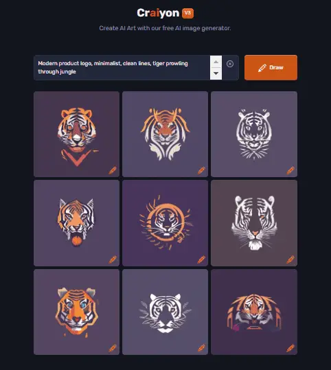 A screenshot of the resulting images from Craiyon prompt: "Modern product logo, minimalist, clean lines, tiger prowling through the jungle."