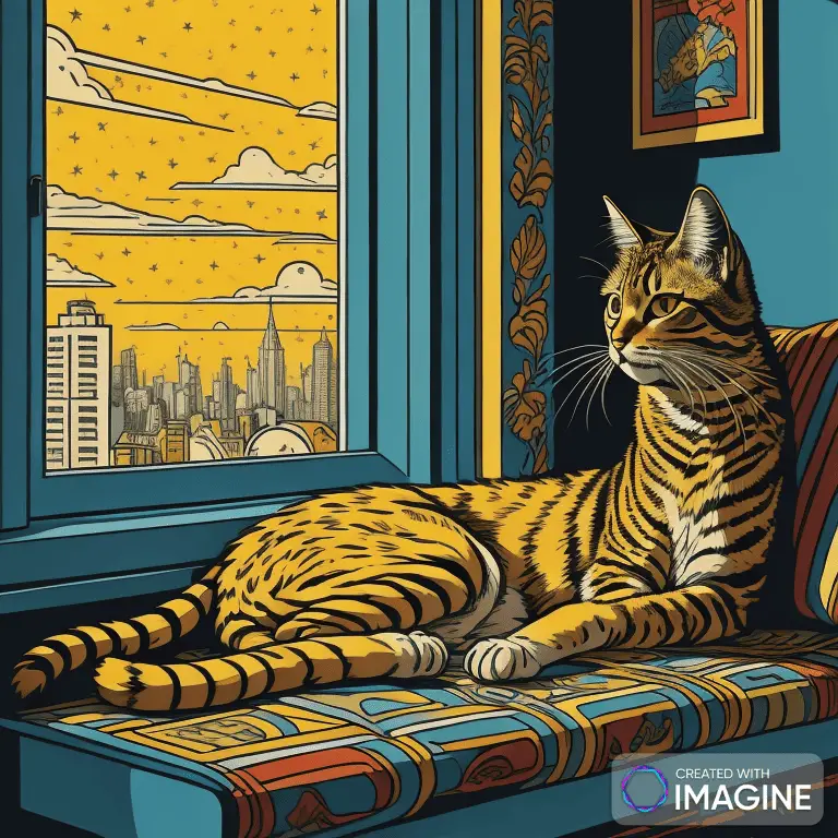 An AI image created with Imagine AI using the prompt, "A Cat Lounging in the Sun on the Windowsill" with Art Style set to Pop Art.