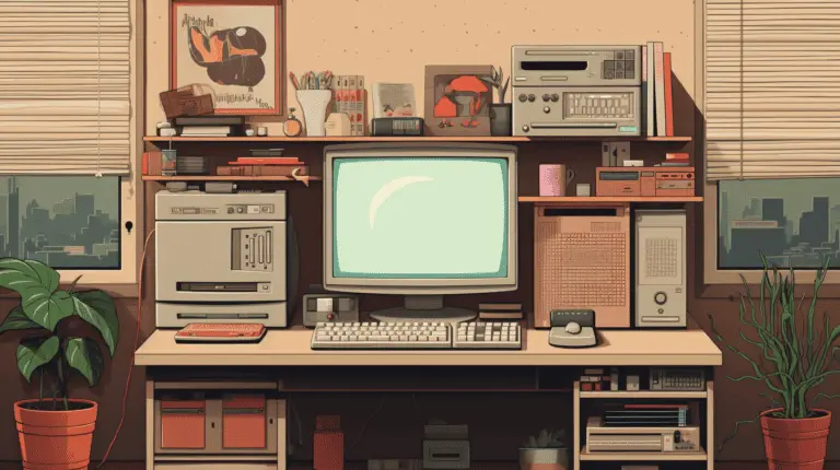 A home office with a 90s-style computer, dot matrix printer, and floppy disk storage