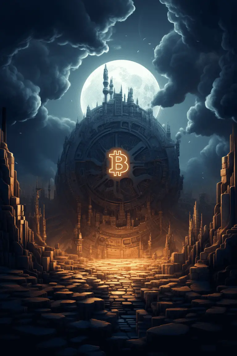 A digital illustration of a bitcoin train in front of the moon.