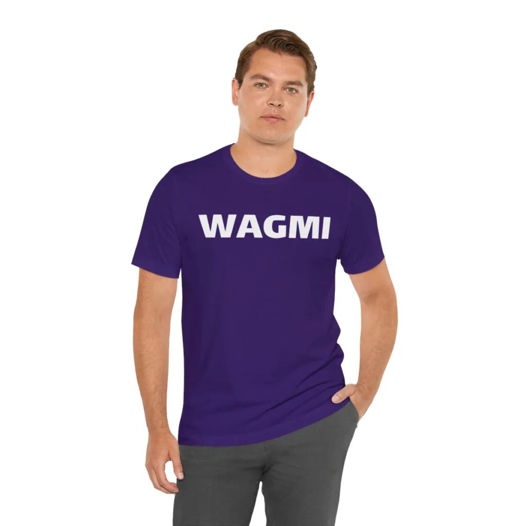 A man wearing a purple WAGMI tshirt