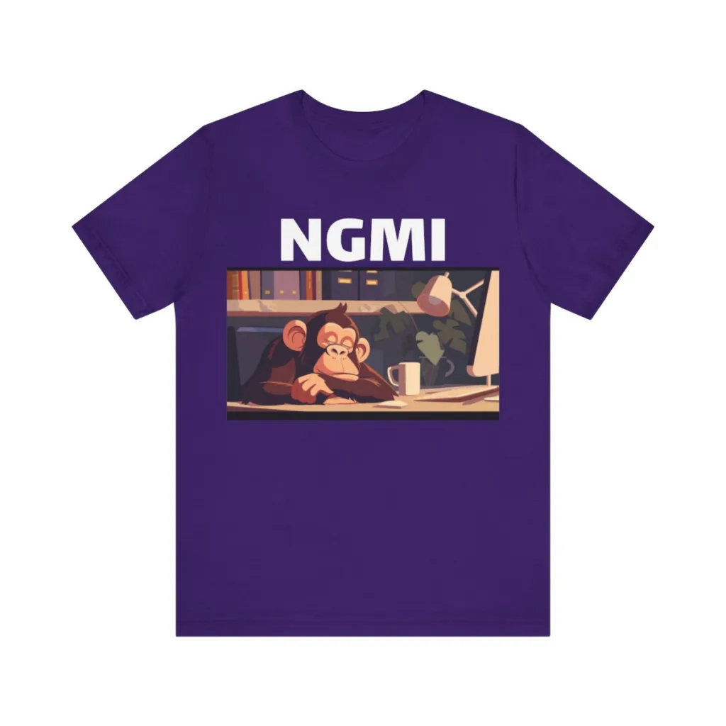 A purple shirt with a sleepy ape at a computer and the text NGMI