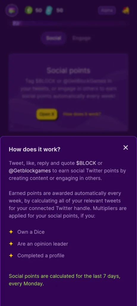 A screenshot explaining how to earn social points with $BLOCK