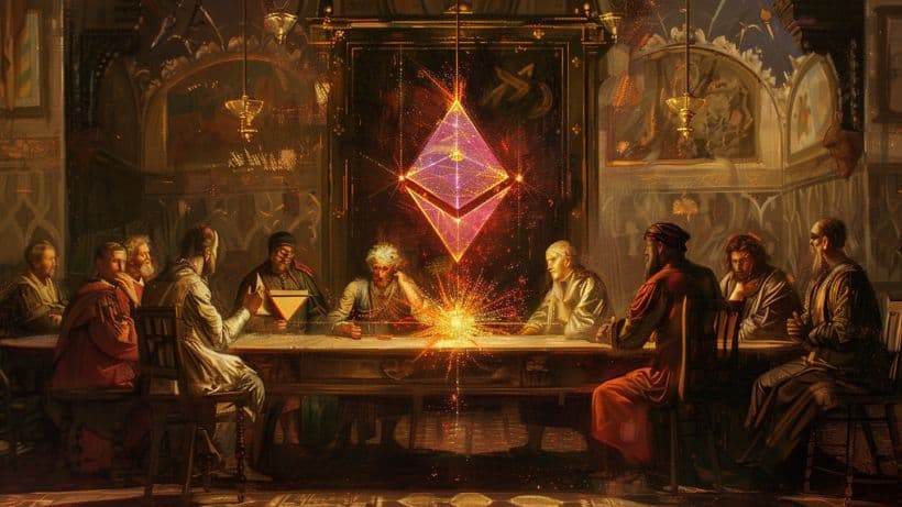 A classic renaissance-style painting showing a council of historical figures like Leonardo da Vinci, Galileo, and Aristotle, all examining and discussing a glowing Ethereum