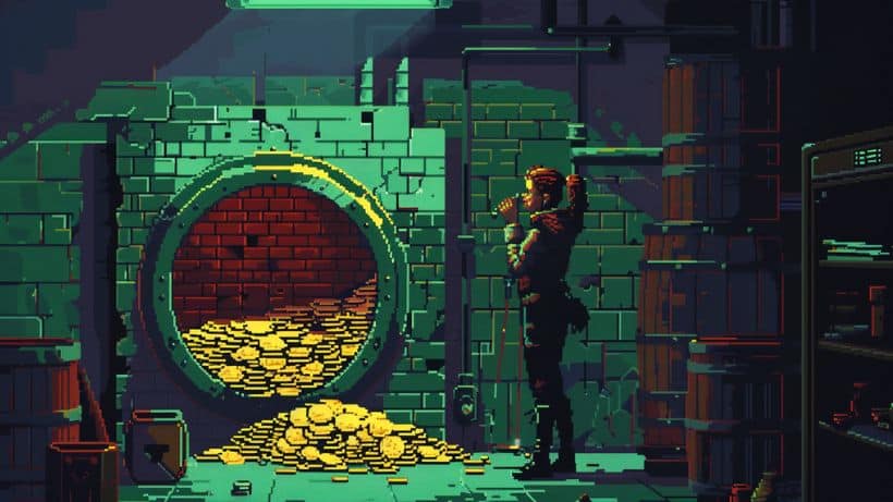 pixel art of a woman staking golden coins in a vault