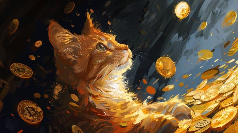 An orange cat collecting cryptocurrency coins.