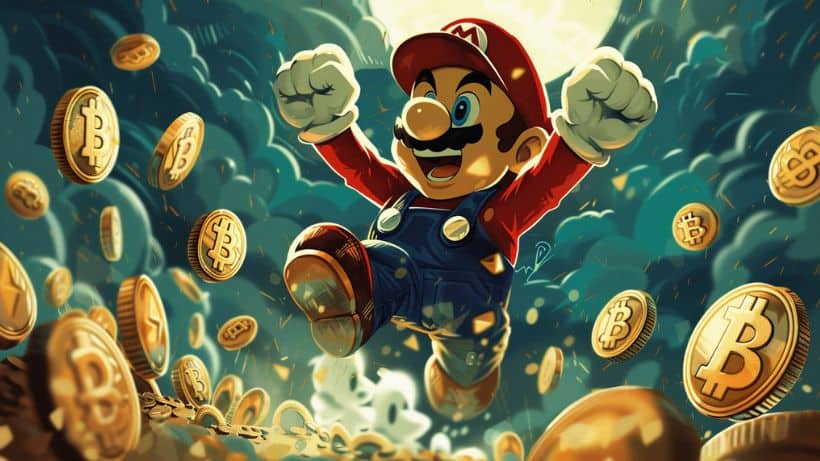 Mario celebrating in a rain of crypto coins.