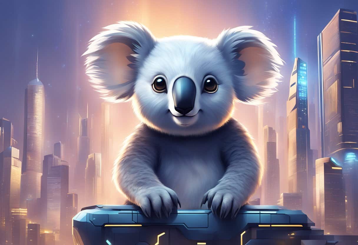 A futuristic city skyline with a large, sleek AI koala mascot towering over the buildings, emitting a soft glow and surrounded by advanced technology