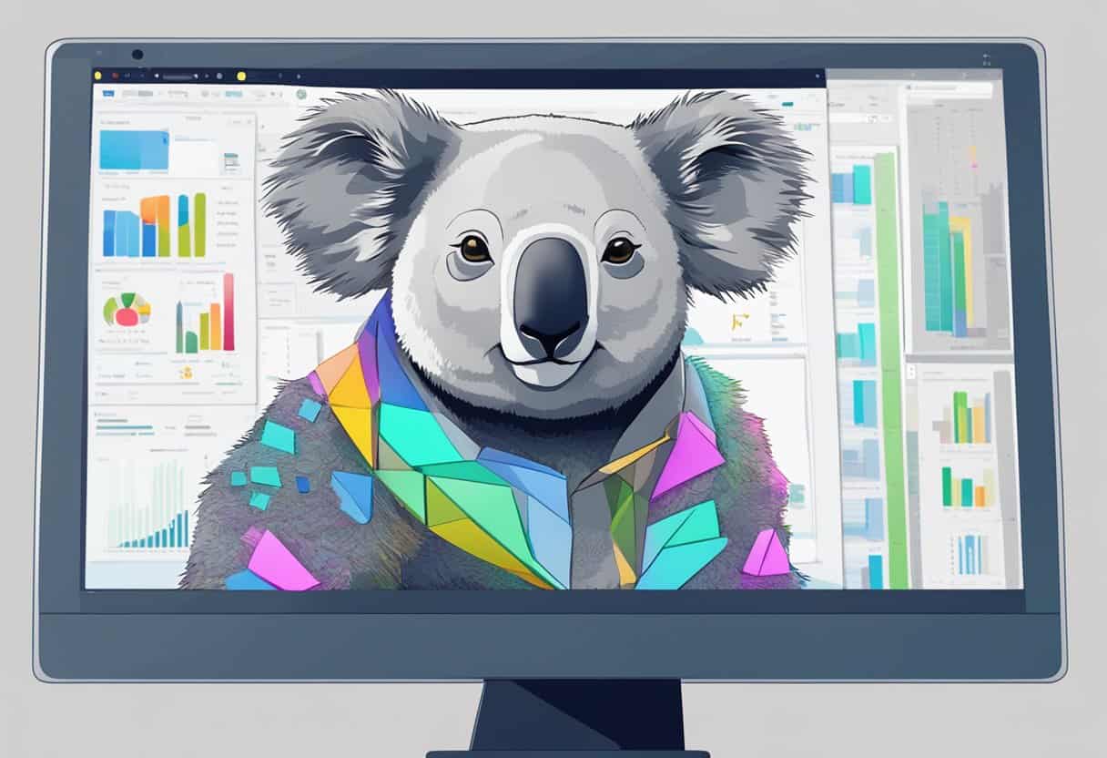 A koala sits in front of a computer screen, with various algorithms and data displayed. The koala is typing and interacting with the AI system