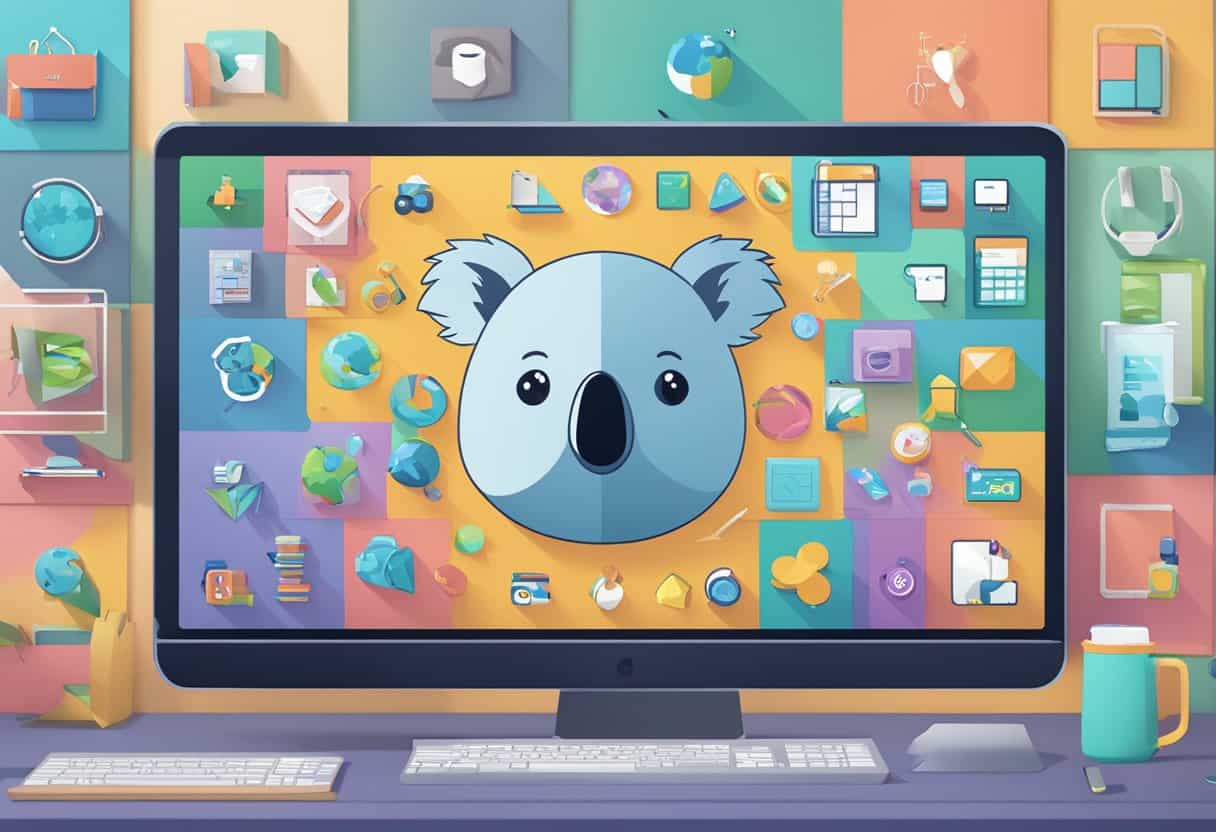 A koala AI logo displayed on a computer screen with various applications icons surrounding it