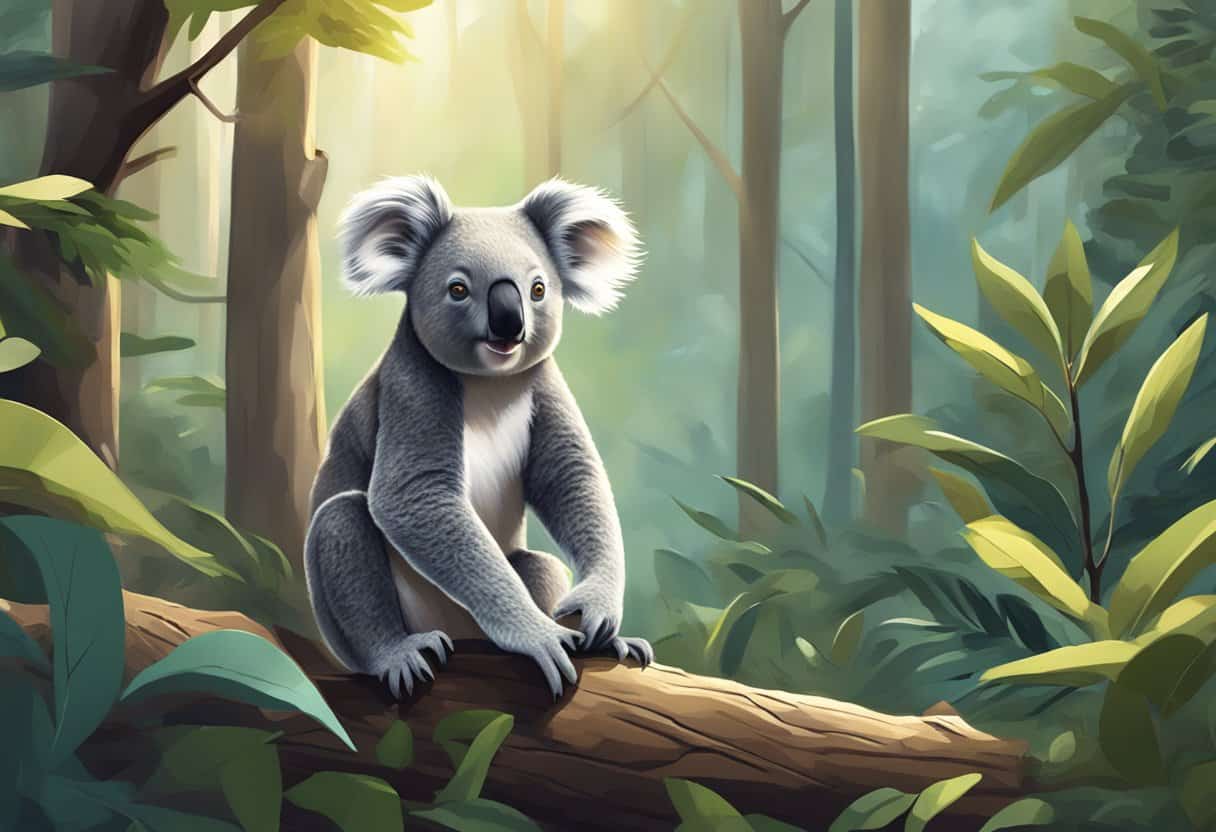 A koala AI navigating through a dense forest, encountering obstacles and finding creative solutions