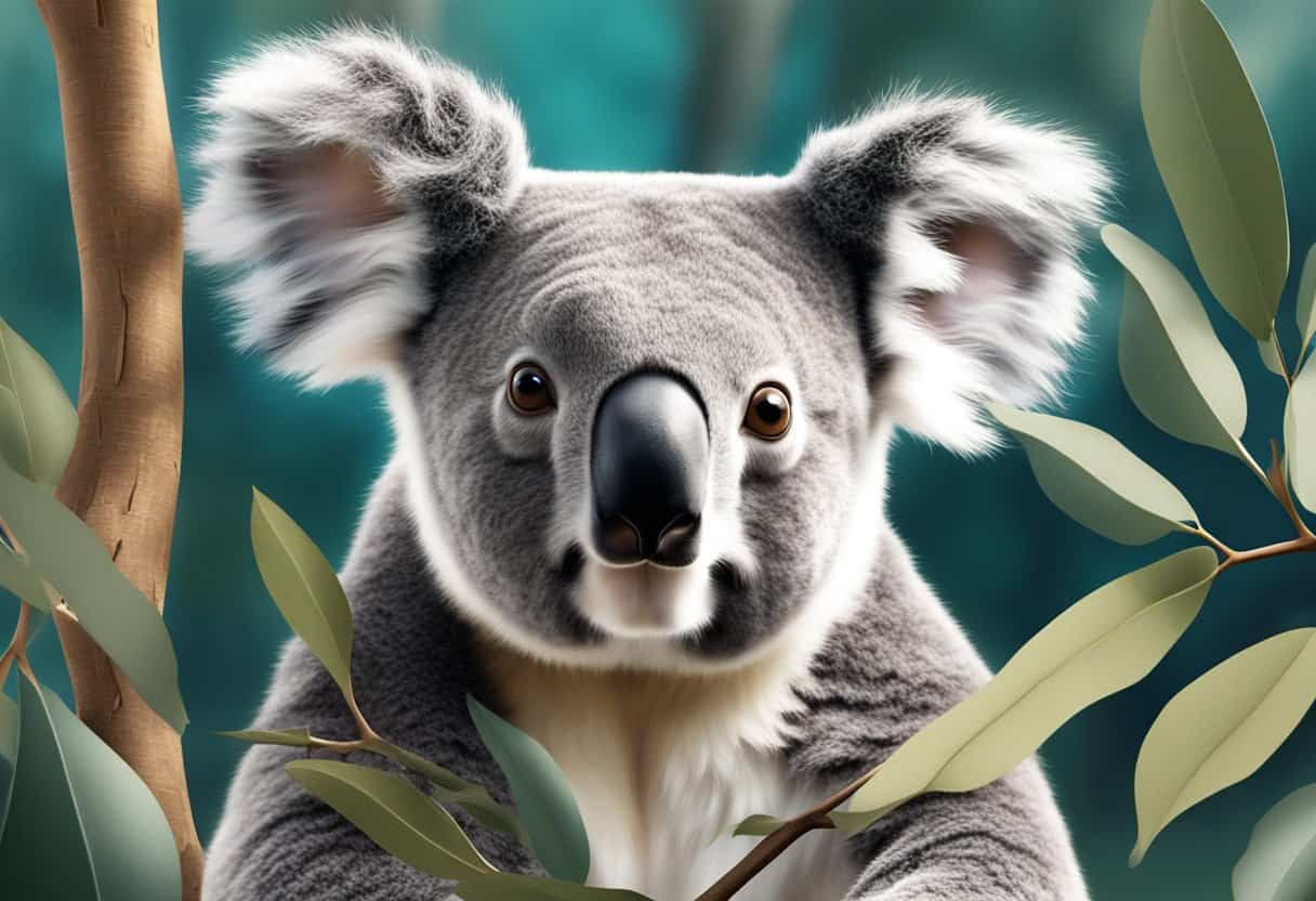 A koala AI sits on a tree branch, with eucalyptus leaves in the background. Its eyes are focused on a digital interface, showcasing its intelligence